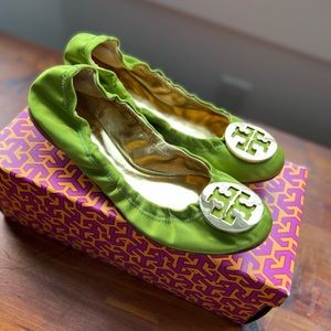 Tory Burch Grass Green Satin Reva Flats (Brand new) Size 8